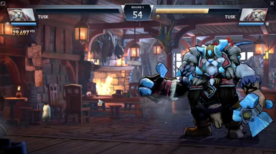 A screen showing the Sleet Fighter game added to Dota 2. Tusk is standing at right raising his axe triumphantly, having defeated himself.